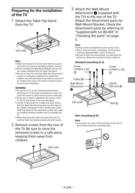 Sony KDL-55W829B - KDL-55W829B Informations d'installation du support de fixation murale Allemand