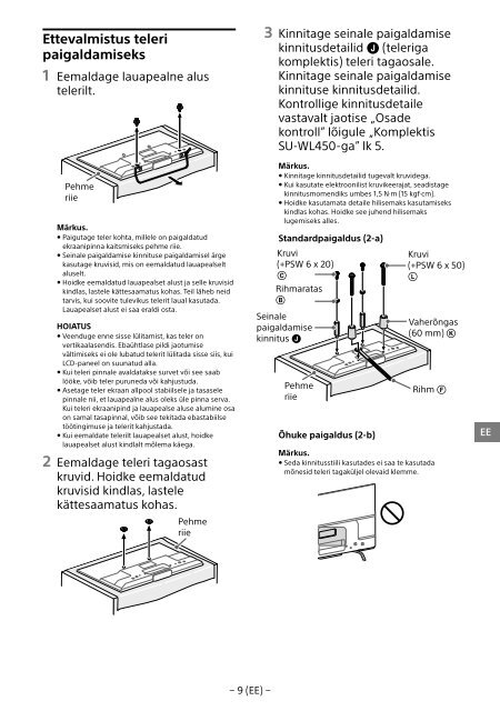 Sony KDL-55W829B - KDL-55W829B Informations d'installation du support de fixation murale Letton