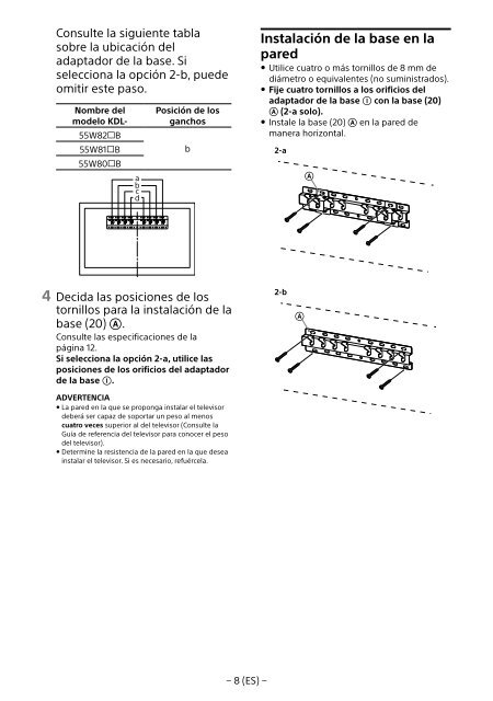 Sony KDL-55W829B - KDL-55W829B Informations d'installation du support de fixation murale Letton