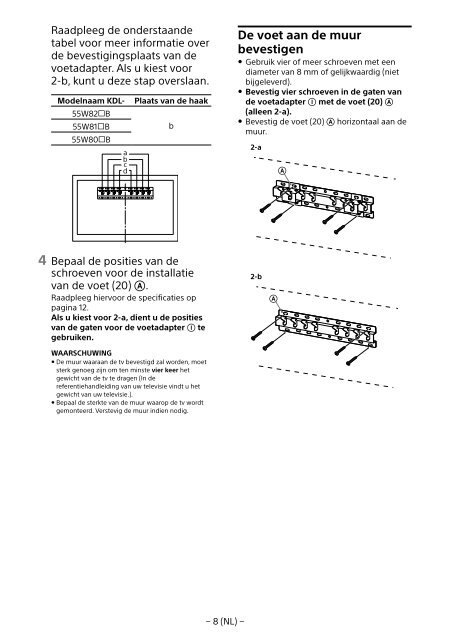 Sony KDL-55W829B - KDL-55W829B Informations d'installation du support de fixation murale Letton