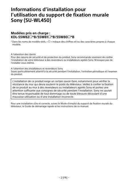 Sony KDL-55W829B - KDL-55W829B Informations d'installation du support de fixation murale N&eacute;erlandais