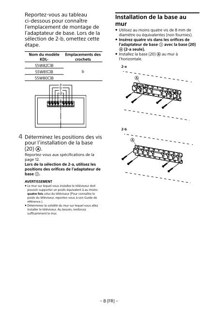 Sony KDL-55W829B - KDL-55W829B Informations d'installation du support de fixation murale N&eacute;erlandais