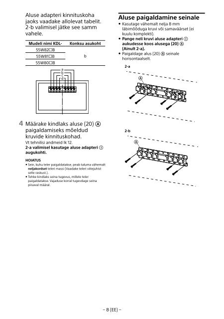 Sony KDL-55W829B - KDL-55W829B Informations d'installation du support de fixation murale N&eacute;erlandais