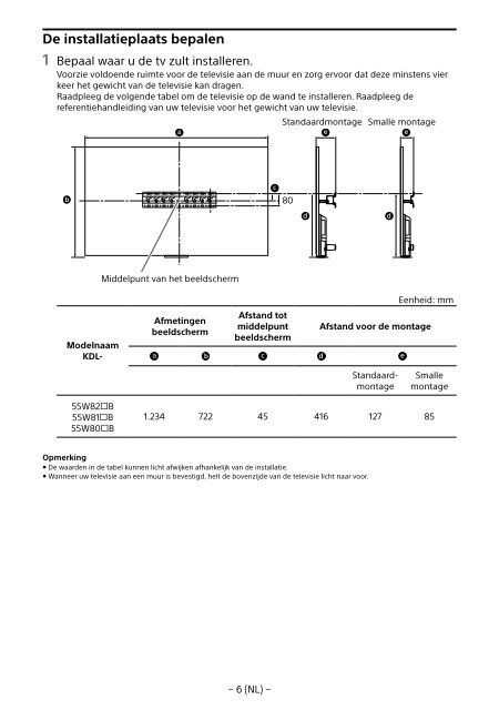 Sony KDL-55W829B - KDL-55W829B Informations d'installation du support de fixation murale N&eacute;erlandais