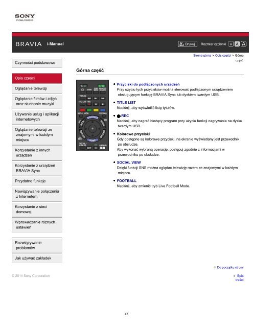 Sony KDL-55W829B - KDL-55W829B Manuel d'aide (version imprimable) Polonais