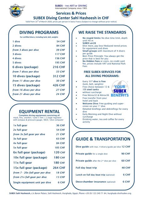 SHS Pricelist CHF 