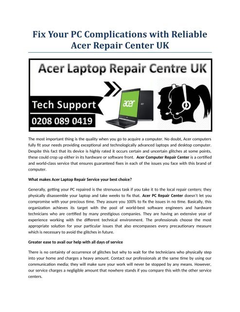 Fix Your PC Complications with Reliable acer Computer Repair Center