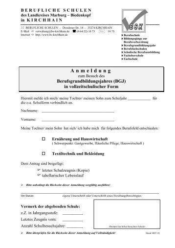 Berufsgrundbildungsjahres (BGJ) in vollzeitschulischer Form