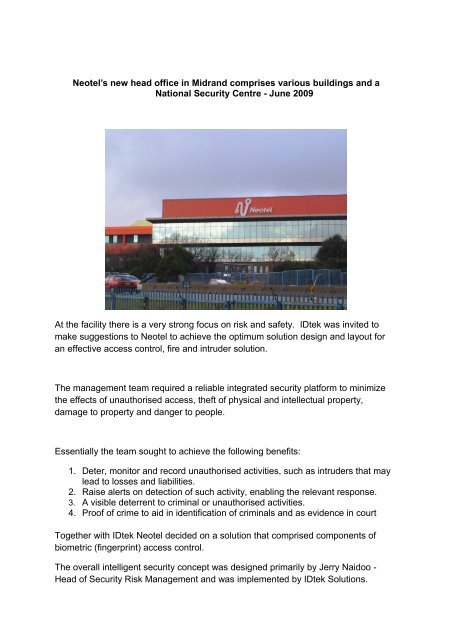 Neotel's new head office in Midrand comprises various ... - IDtek