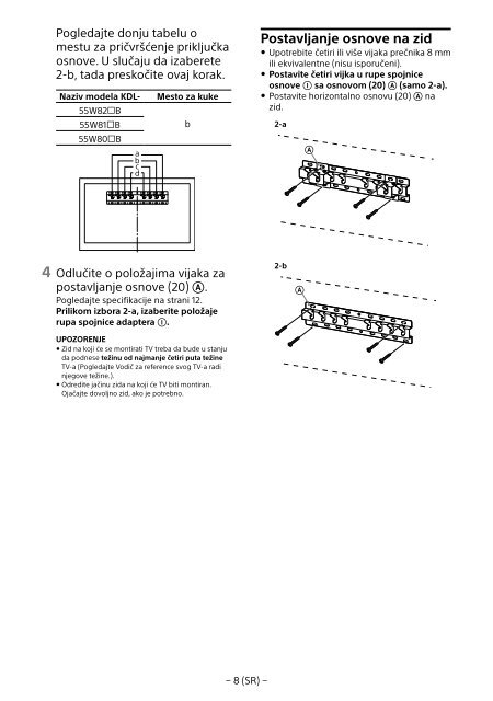 Sony KDL-55W829B - KDL-55W829B Informations d'installation du support de fixation murale Su&eacute;dois