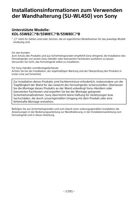 Sony KDL-55W829B - KDL-55W829B Informations d'installation du support de fixation murale Su&eacute;dois