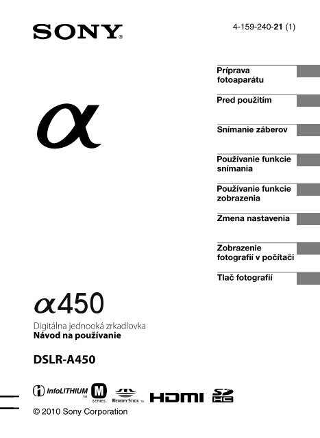 Sony DSLR-A450Y - DSLR-A450Y Consignes d&rsquo;utilisation Slovaque