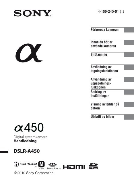 Sony DSLR-A450Y - DSLR-A450Y Consignes d&rsquo;utilisation Su&eacute;dois