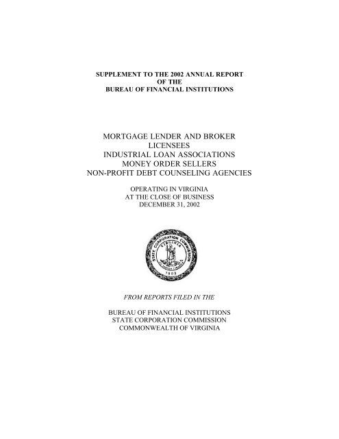 mortgage lender and broker licensees industrial loan - Virginia State ...