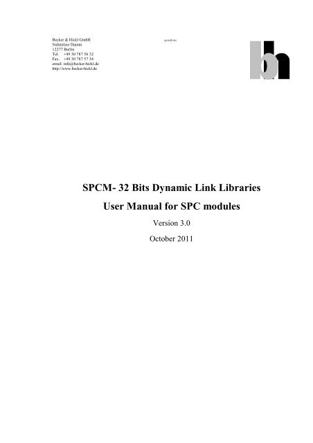 SPCM- 32 Bits Dynamic Link Libraries User Manual for SPC modules