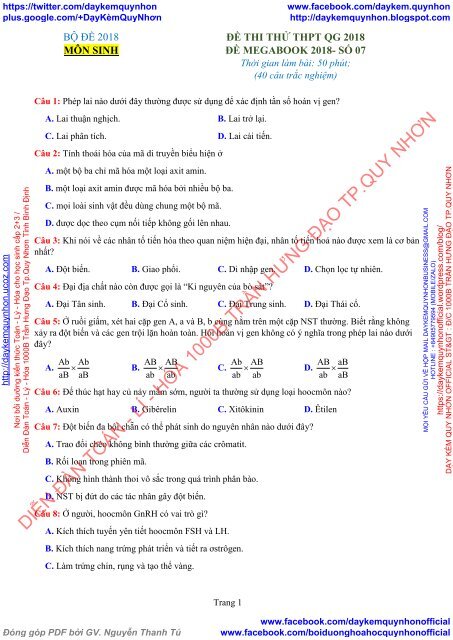 BỘ ĐỀ THI THỬ THPT MÔN SINH 2018 - 14 ĐỀ MEGABOOK - CÓ LỜI GIẢI CHI TIẾT