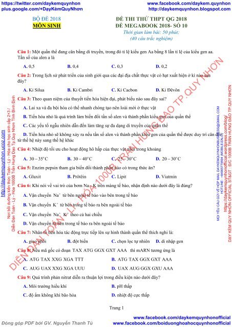 BỘ ĐỀ THI THỬ THPT MÔN SINH 2018 - 14 ĐỀ MEGABOOK - CÓ LỜI GIẢI CHI TIẾT