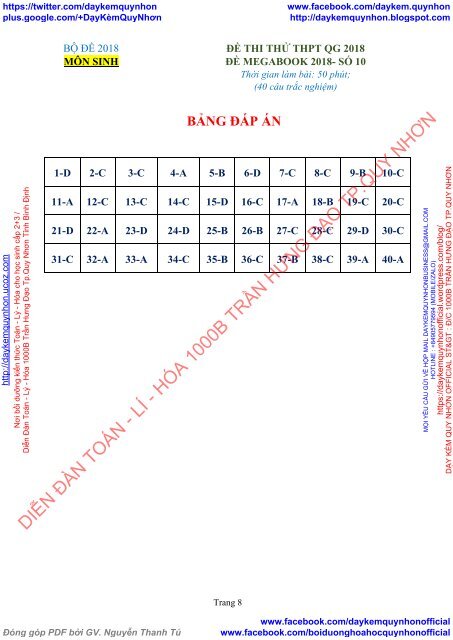 BỘ ĐỀ THI THỬ THPT MÔN SINH 2018 - 14 ĐỀ MEGABOOK - CÓ LỜI GIẢI CHI TIẾT