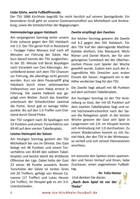 20.05.0218 Stadionzeitung TSV Michelbach / TSV Amöneburg