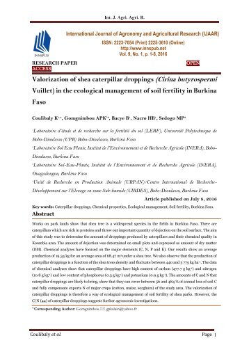 Valorization of shea caterpillar droppings (Cirina butyrospermi Vuillet) in the ecological management of soil fertility in Burkina Faso