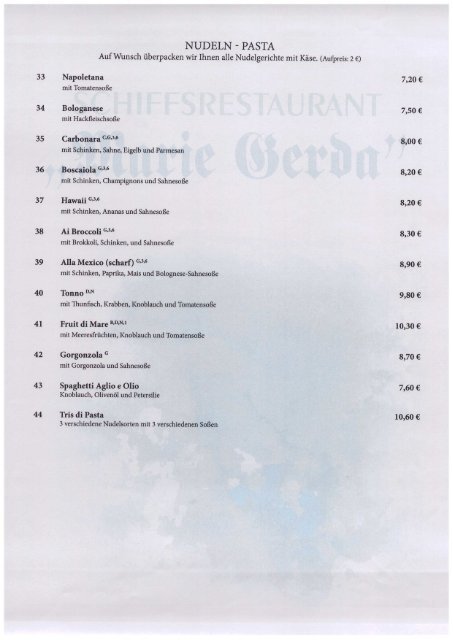 Speisekarte Schiffsrestaurant Marie Gerda