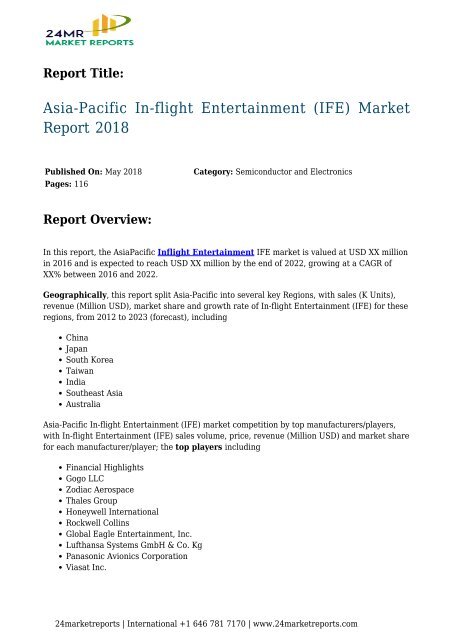 Asia-Pacific In-flight Entertainment (IFE) Market Report 2018