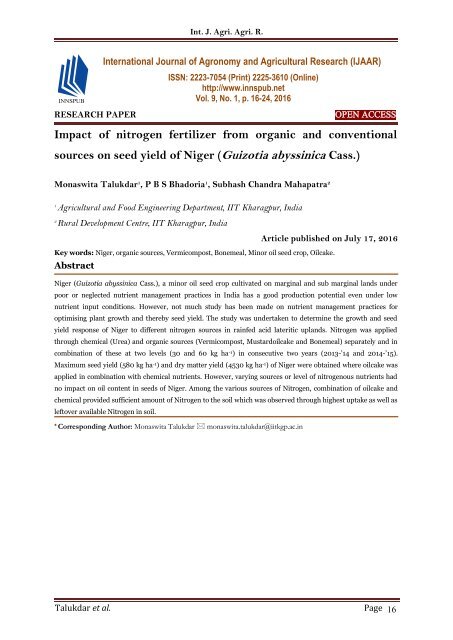 Impact of nitrogen fertilizer from organic and conventional sources on seed yield of Niger (Guizotia abyssinica Cass.)