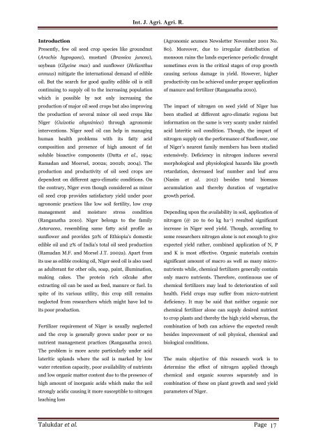 Impact of nitrogen fertilizer from organic and conventional sources on seed yield of Niger (Guizotia abyssinica Cass.)