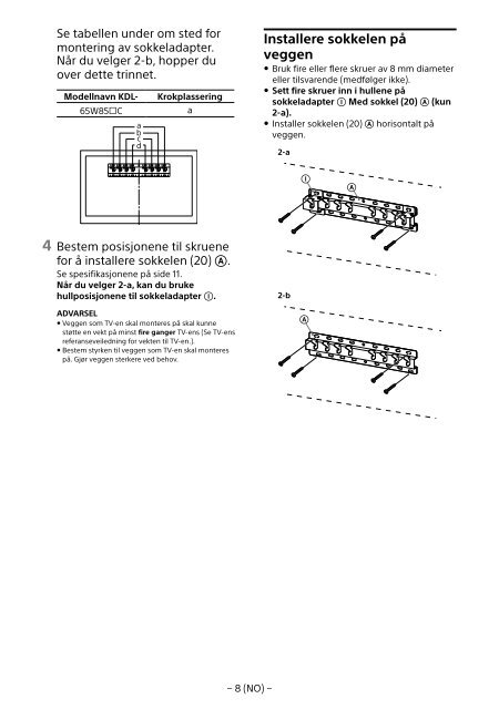 Sony KDL-65W858C - KDL-65W858C Informations d'installation du support de fixation murale Bosniaque