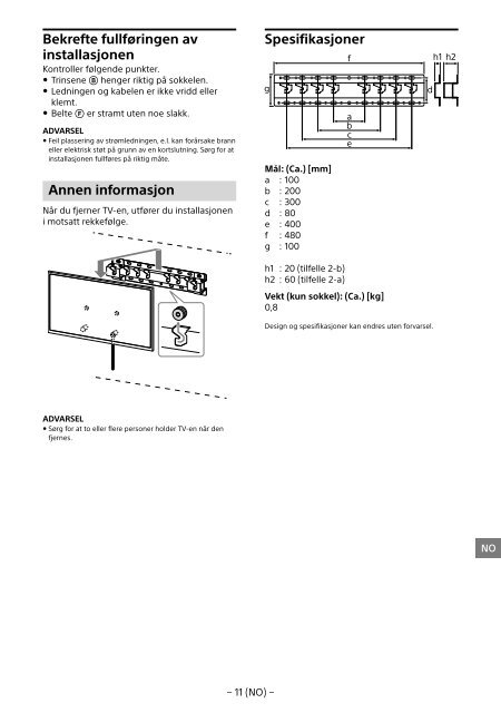 Sony KDL-65W858C - KDL-65W858C Informations d'installation du support de fixation murale Bosniaque