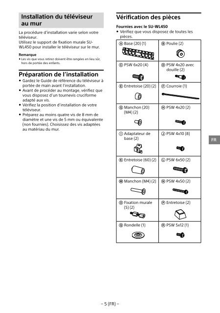 Sony KDL-65W858C - KDL-65W858C Informations d'installation du support de fixation murale Bosniaque