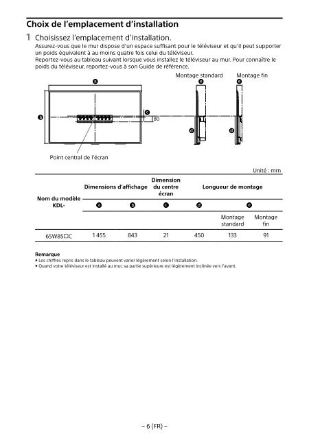 Sony KDL-65W858C - KDL-65W858C Informations d'installation du support de fixation murale Bosniaque