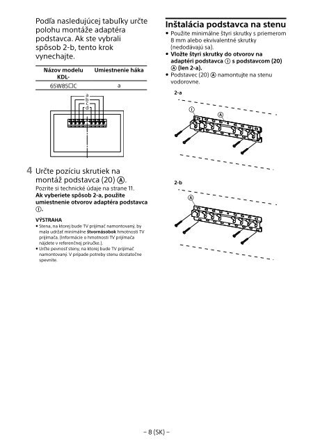 Sony KDL-65W858C - KDL-65W858C Informations d'installation du support de fixation murale Bosniaque