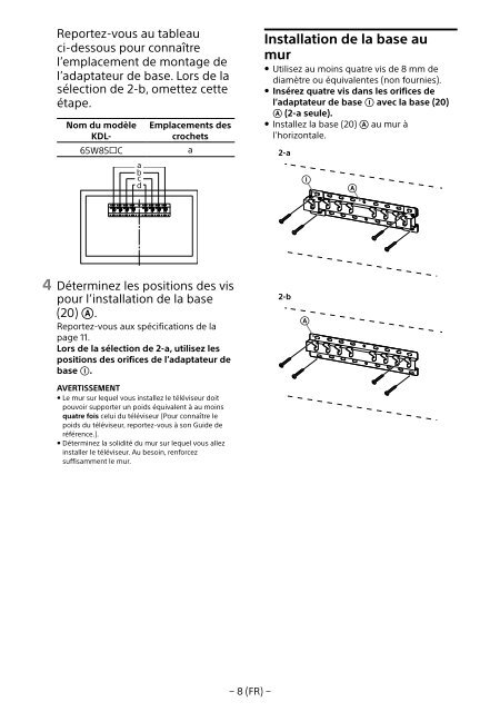 Sony KDL-65W858C - KDL-65W858C Informations d'installation du support de fixation murale Bosniaque