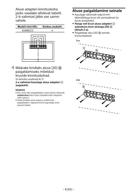 Sony KDL-65W858C - KDL-65W858C Informations d'installation du support de fixation murale Bosniaque