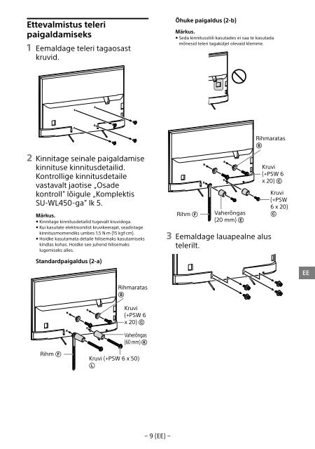 Sony KDL-65W858C - KDL-65W858C Informations d'installation du support de fixation murale Bosniaque