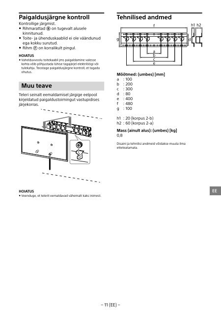 Sony KDL-65W858C - KDL-65W858C Informations d'installation du support de fixation murale Bosniaque