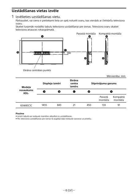 Sony KDL-65W858C - KDL-65W858C Informations d'installation du support de fixation murale Bosniaque