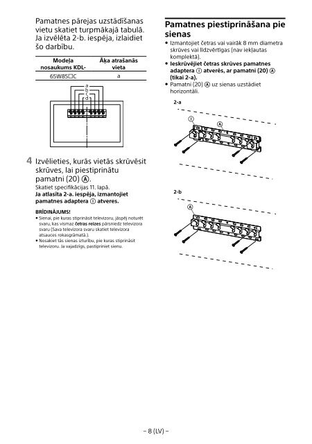 Sony KDL-65W858C - KDL-65W858C Informations d'installation du support de fixation murale Bosniaque