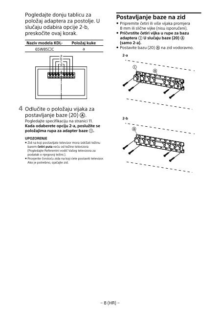 Sony KDL-65W858C - KDL-65W858C Informations d'installation du support de fixation murale Bosniaque