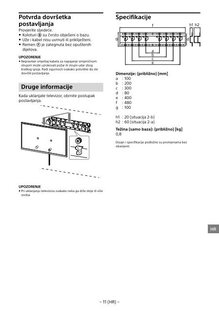 Sony KDL-65W858C - KDL-65W858C Informations d'installation du support de fixation murale Bosniaque