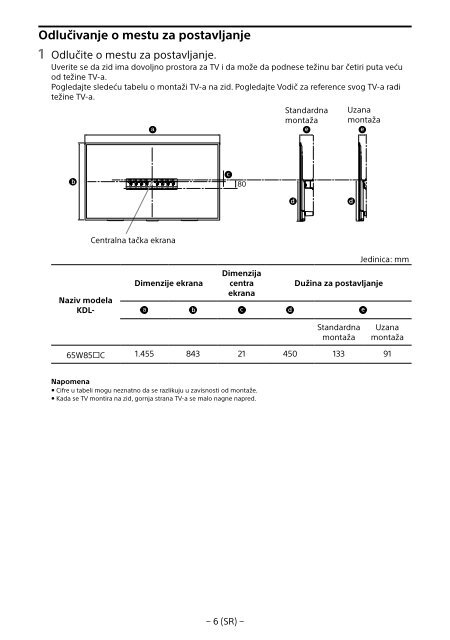 Sony KDL-65W858C - KDL-65W858C Informations d'installation du support de fixation murale Bosniaque