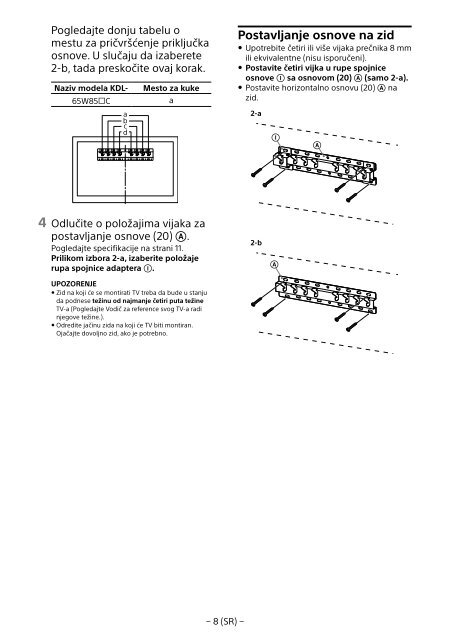 Sony KDL-65W858C - KDL-65W858C Informations d'installation du support de fixation murale Bosniaque