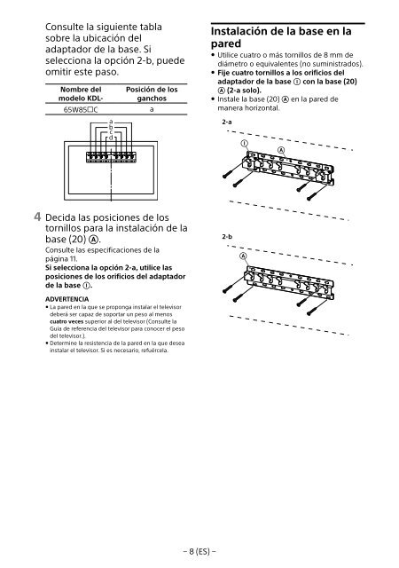 Sony KDL-65W858C - KDL-65W858C Informations d'installation du support de fixation murale Bosniaque