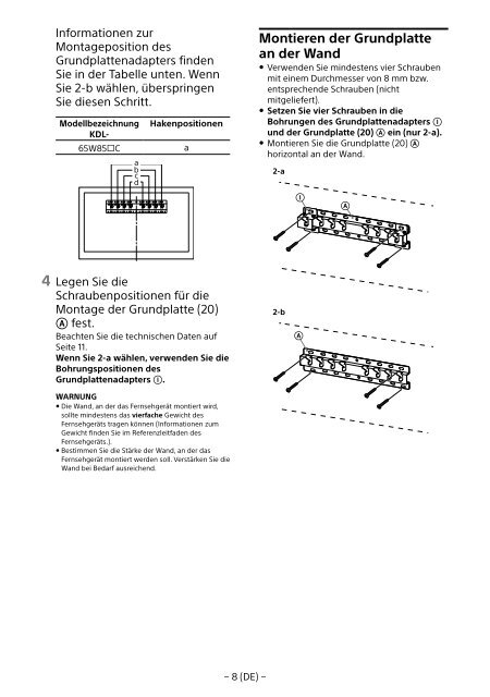 Sony KDL-65W858C - KDL-65W858C Informations d'installation du support de fixation murale Bosniaque