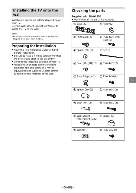 Sony KDL-65W858C - KDL-65W858C Informations d'installation du support de fixation murale Bosniaque