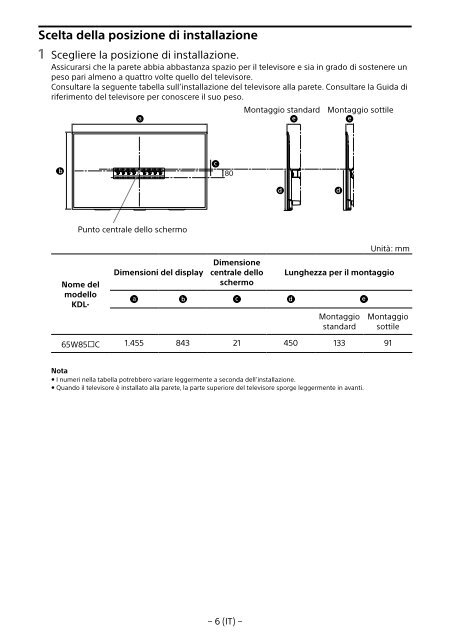 Sony KDL-65W858C - KDL-65W858C Informations d'installation du support de fixation murale Bosniaque