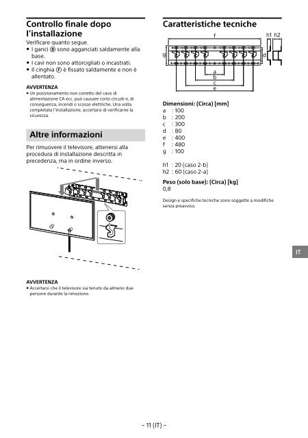 Sony KDL-65W858C - KDL-65W858C Informations d'installation du support de fixation murale Bosniaque