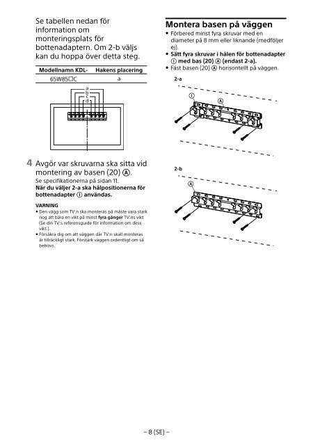 Sony KDL-65W858C - KDL-65W858C Informations d'installation du support de fixation murale Bosniaque