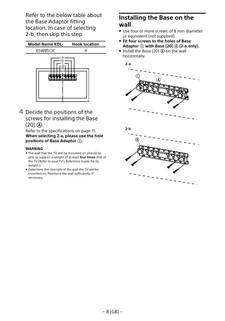 Sony KDL-65W858C - KDL-65W858C Informations d'installation du support de fixation murale Bosniaque